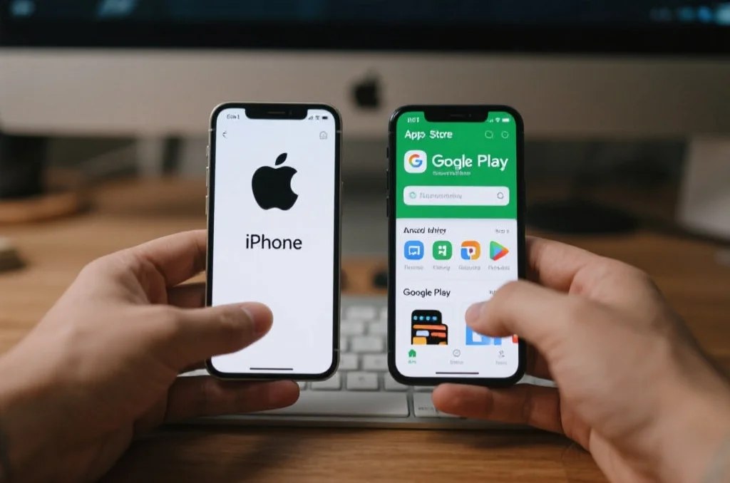 一位用户在桌面上对比两部手机（iPhone与Android），屏幕分别显示App Store和Google Play商店的界面